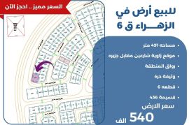 للبيع ارض في الزهراء