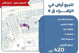للبيع ارض في الزهراء ق6