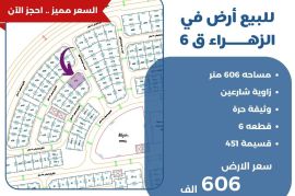 للبيع ارض في الزهراء ق6 