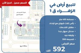 للبيع ارض في الزهراء ق1