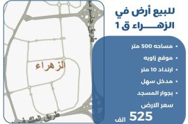 للبيع ارض في الزهراء