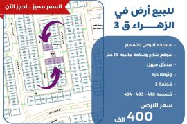 للبيع ارض في الزهراء
