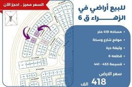للبيع ارض في الزهراء ق6