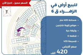 للبيع ارض في الزهراء