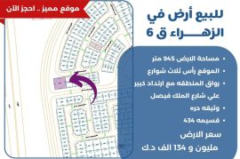 للبيع ارض في الزهراء ق6