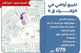 للبيع ارض في الزهراء 