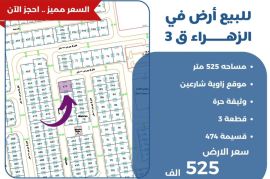 للبيع ارض في الزهراء ق3