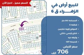 للبيع ارض في الزهراء ق6