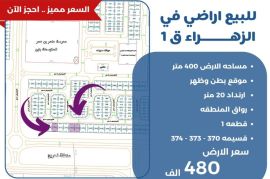 للبيع ارض في الزهراء