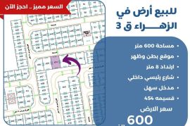 للبيع ارض في الزهراء قطعة 3 